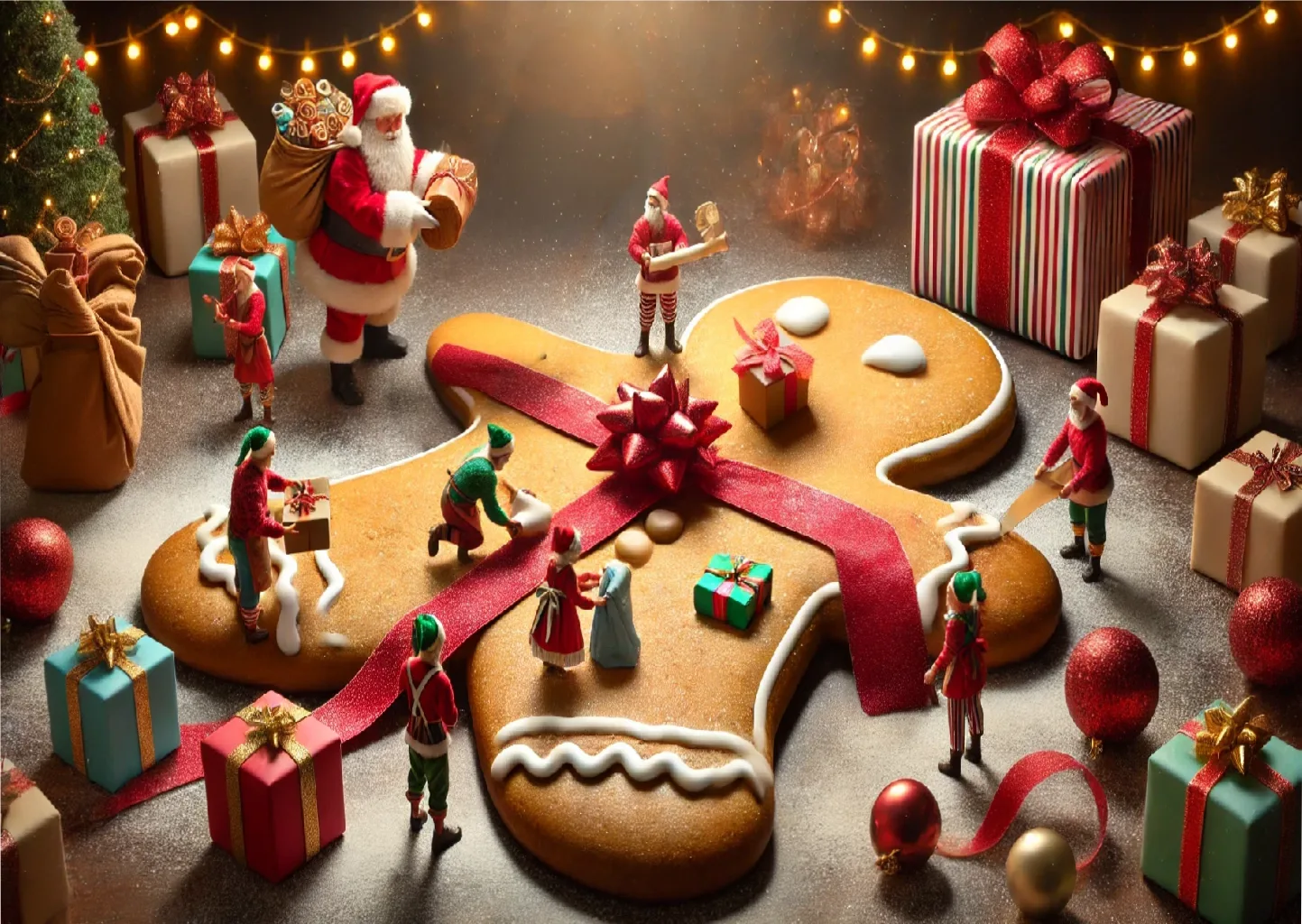 Miniatur-Elfen-arbeiten-an-einem-Riesen-Gingerbreadmann Riesen-Gingerbreadmann mit Elfen, vielen Geschenken und dem Weihnachtsmann