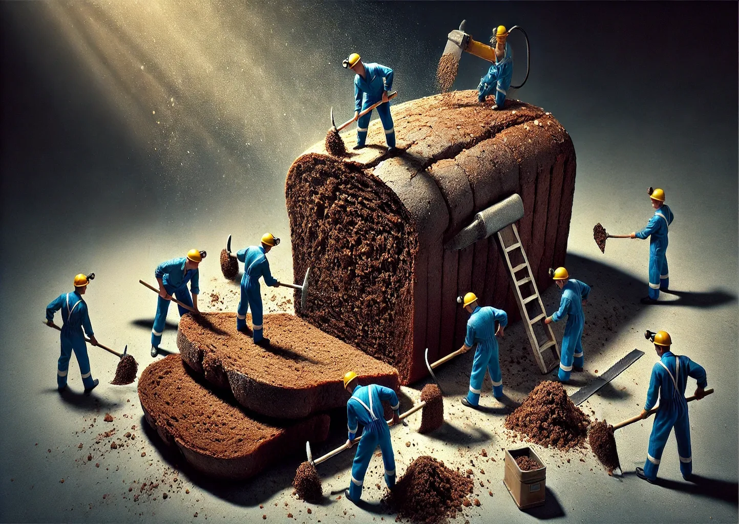 Miniaturarbeiter-arbeiten-an-einem-Riesen-Brot Ein Riesenbrot, an dem einige Arbeiter im Blaumann schuften. Surrealistisch