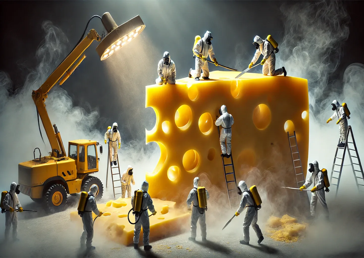 Miniaturarbeiter-arbeiten-an-einem-Riesen-Käse Riesen-Käse, an dem ein Miniatur-Spezialkommando arbeitet.