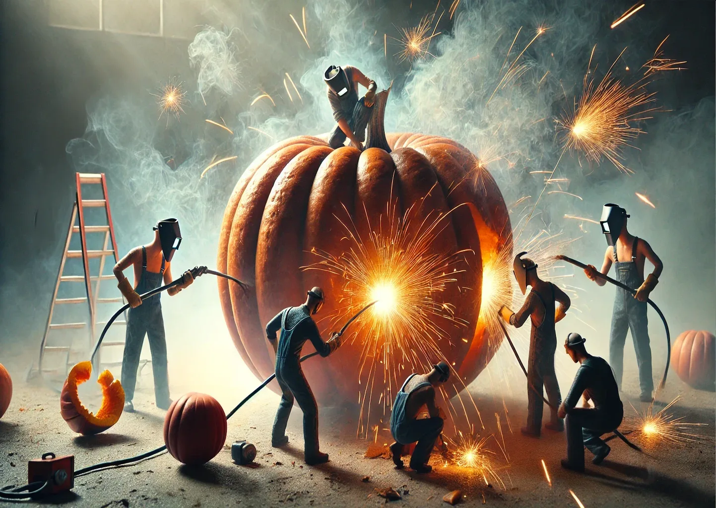Miniaturarbeiter-arbeiten-an-einem-Riesen-Kürbis Ein Riesen-Kürbis, an dem einige Miniatur-Schweißer:innen arbeiten. Dramatisch. Surrealistisch.