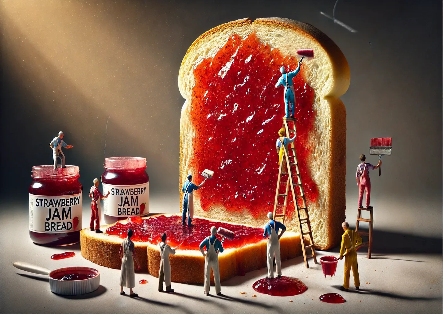 Miniaturarbeiter-arbeiten-an-einem-Riesen-Marmeladenbrot Riesen-Marmeladenbrot, an dem einige Miniatur-Maler:innen arbeiten. Surrealistisch.