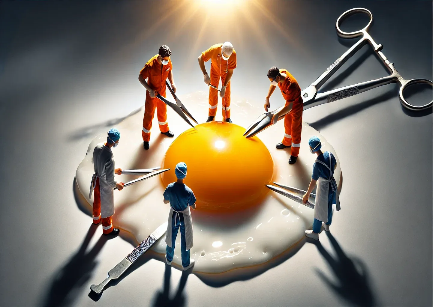 Miniaturarbeiter-arbeiten-an-einem-Riesen-Spiegelei Riesiges Spiegelei, an em einige Miniaturärzt:innen und Pfleger:innen operieren.