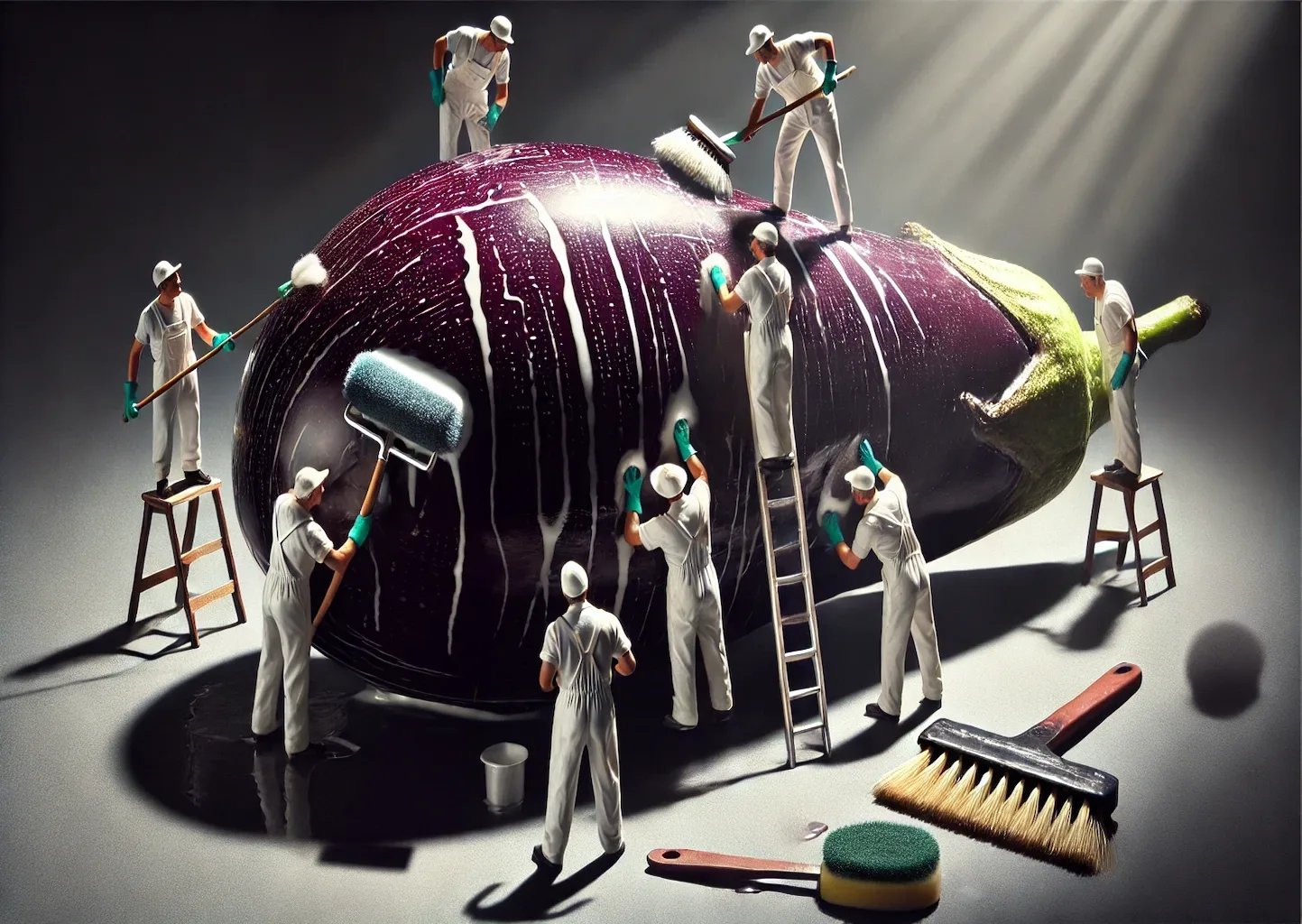 Miniaturarbeiter-arbeiten-an-einer-Riesen-Aubergine Riesen-Aubergine, die von einem Miniatur-Putzerteam gereinigt wird. Surrealistisch.