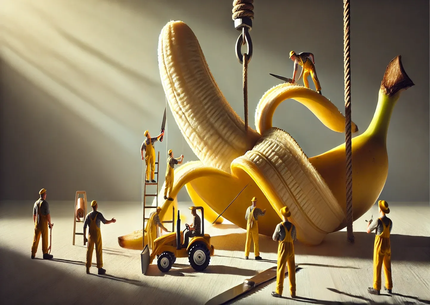Miniaturarbeiter-arbeiten-an-einer-Riesen-Banane Riesen-Banane, an der ein Miniaturbautrupp arbeitet. Surrealistisch.