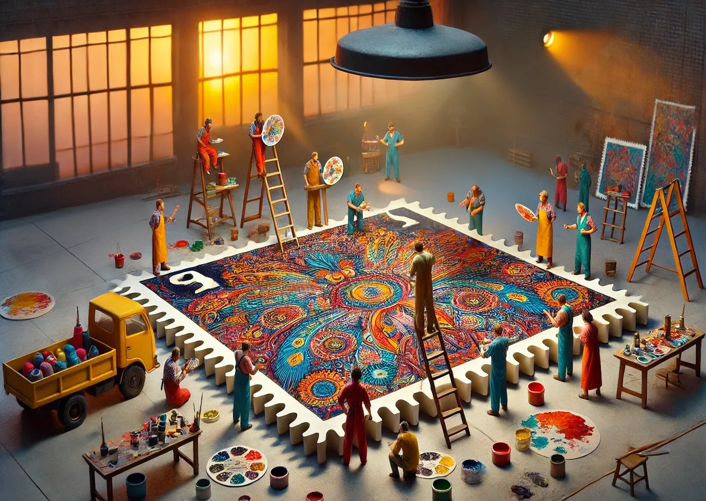 Miniaturarbeiter-arbeiten-an-einer-Riesen-Briefmarke Riesenbriefmarke, an der einige Miniatur-Künstler:innen arbeiten. Surrealistisch.