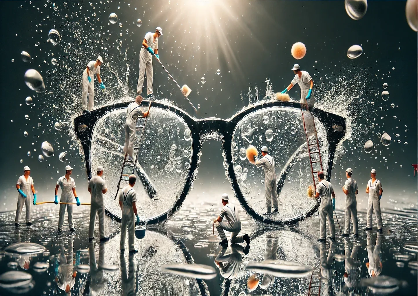 Miniaturarbeiter-arbeiten-an-einer-Riesen-Brille Riesige Brille, die von einigen Miniaturarbeiter:innen geputzt wird. Surealistisch.