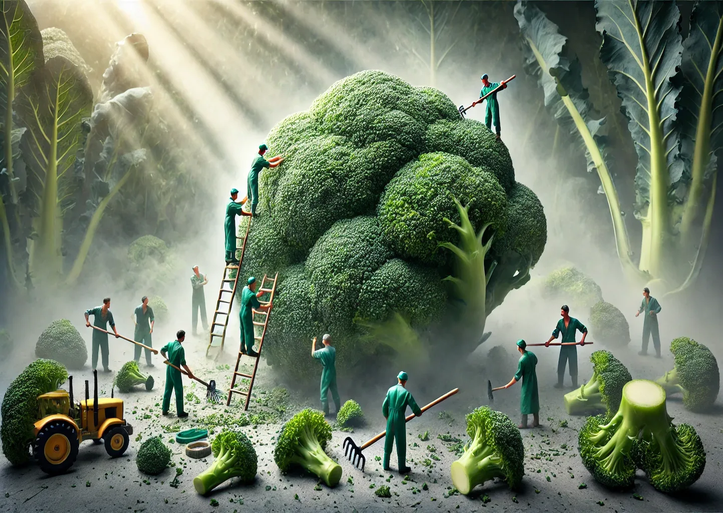 Miniaturarbeiter-arbeiten-an-einer-Riesen-Brokkoli Riesenbrokkoli, an dem einige Miniatur-Gärtner:innen arbeiten. Im Beet. Surrealistisch.