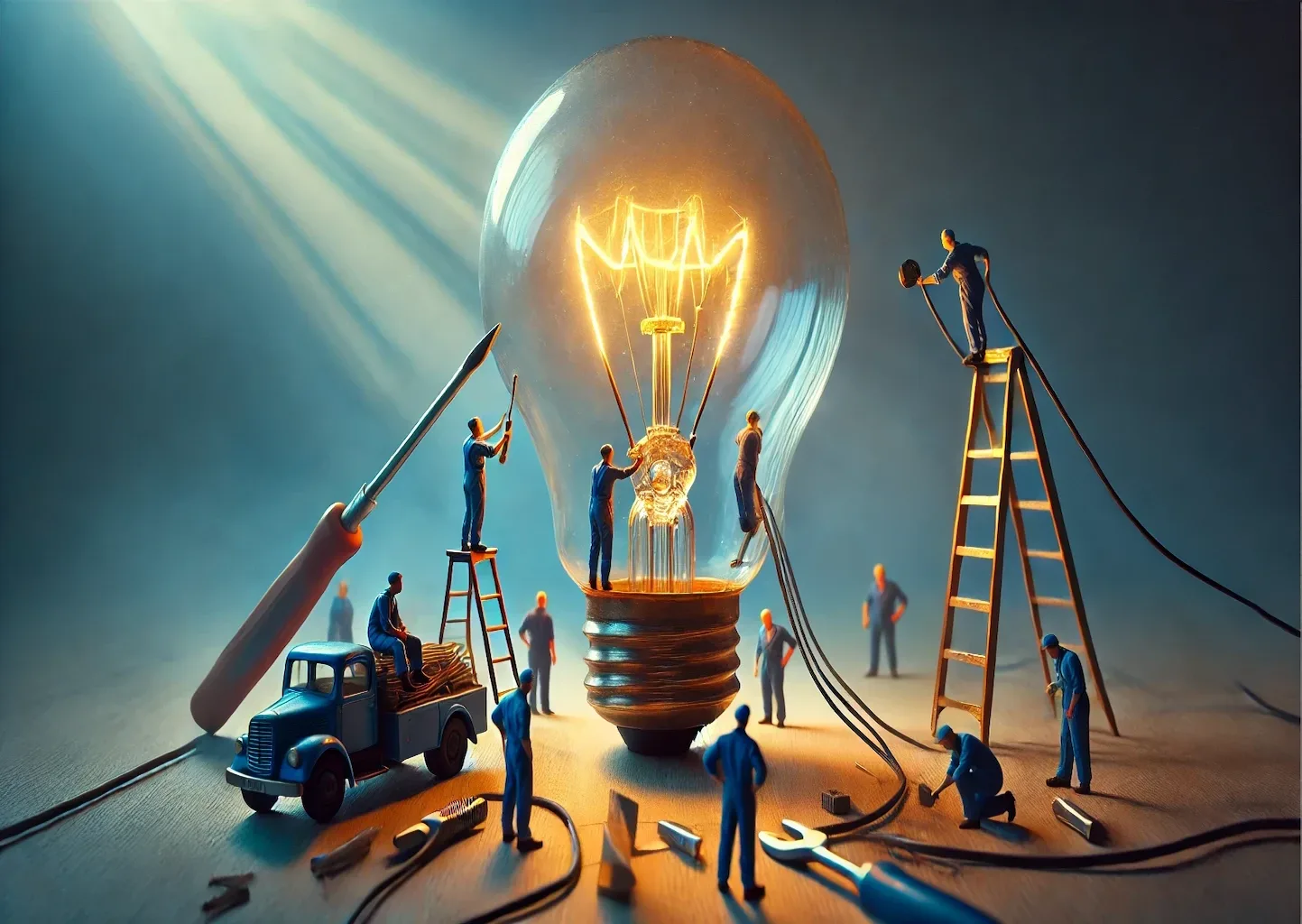 Miniaturarbeiter-arbeiten-an-einer-Riesen-Glühbirne Riesen-Glühbirne, an der einige Miniatur-Elektriker:innen arbeiten. Surrealistisch.