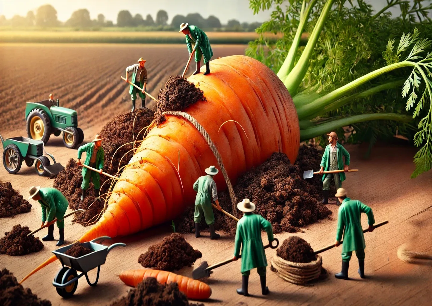 Miniaturarbeiter-arbeiten-an-einer-Riesen-Karotte Riesen-Karotte, an der einige Miniatur-Landwirt:innen arbeiten. Surrealistisch.