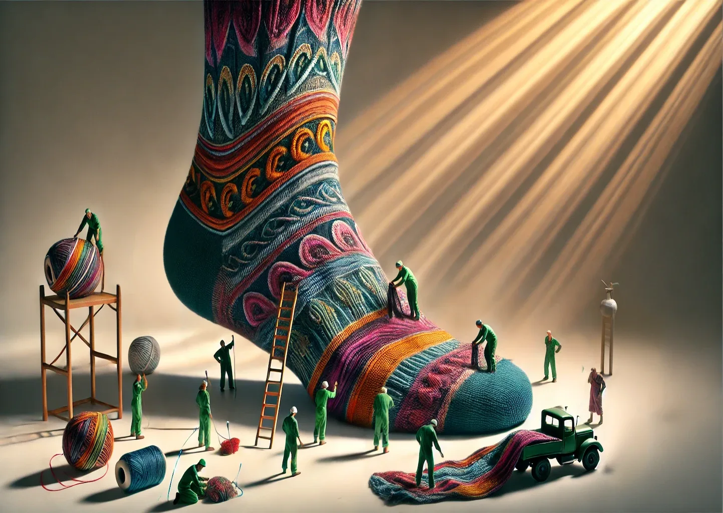 Miniaturarbeiter-arbeiten-an-einer-Riesen-Socken Riesiger Fuß mit buntem Socken. An dem Socken arbeiten einige Miniaturarbeiter:innen. Surrealistisch.