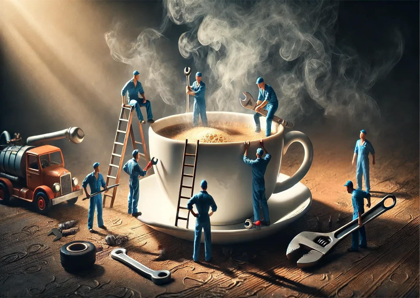 Miniaturarbeiter-arbeiten-an-einer-Riesen-Tasse-Kaffee Riesentasse Kaffe, an dr ein Miniaturklemptnerteam arbeitet.