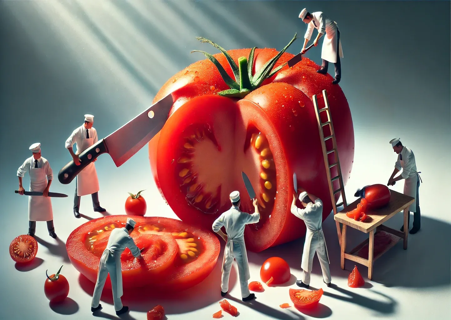 Miniaturarbeiter-arbeiten-an-einer-Riesen-Tomate Riesentomate, an der ein Miniatur-Schlachterteam arbeitet. Surrealistisch.
