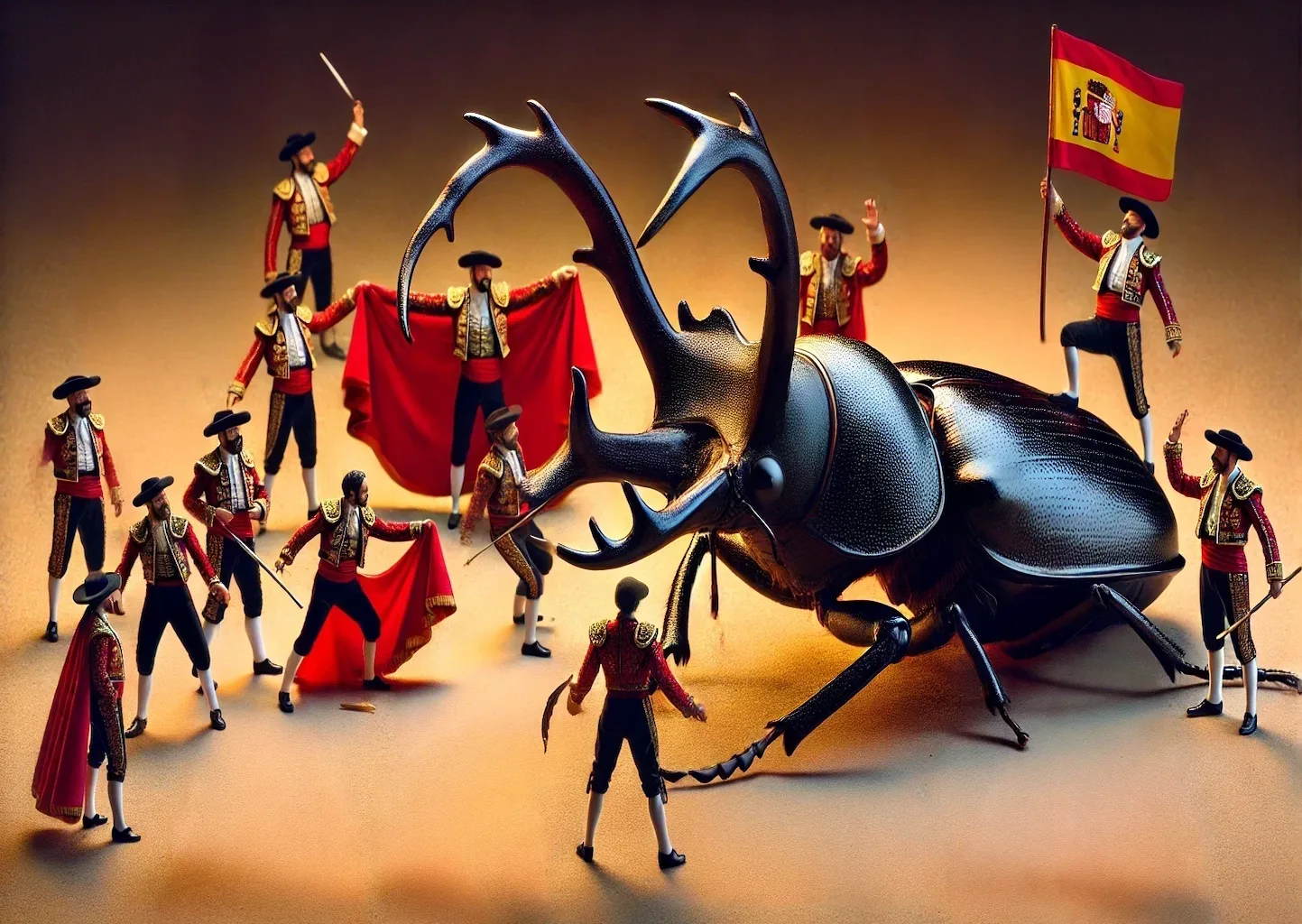 Miniaturtorreros-kämpfen-mit-einem-Riesen-Hirschkäfer Ein Riesenhirschkäfer, mit dem einige Miniatur-Torreros kämpfen. Spanisch. Surrealistisch.