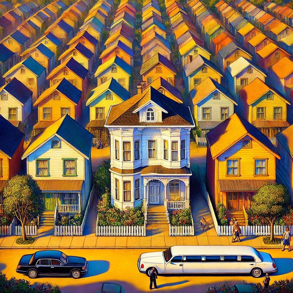 Unzähliger Reihenhäuser und ein herausstechendes Reichen Haus in der Mitte mit einer weißen Limosine davor (KI-Kunst)
