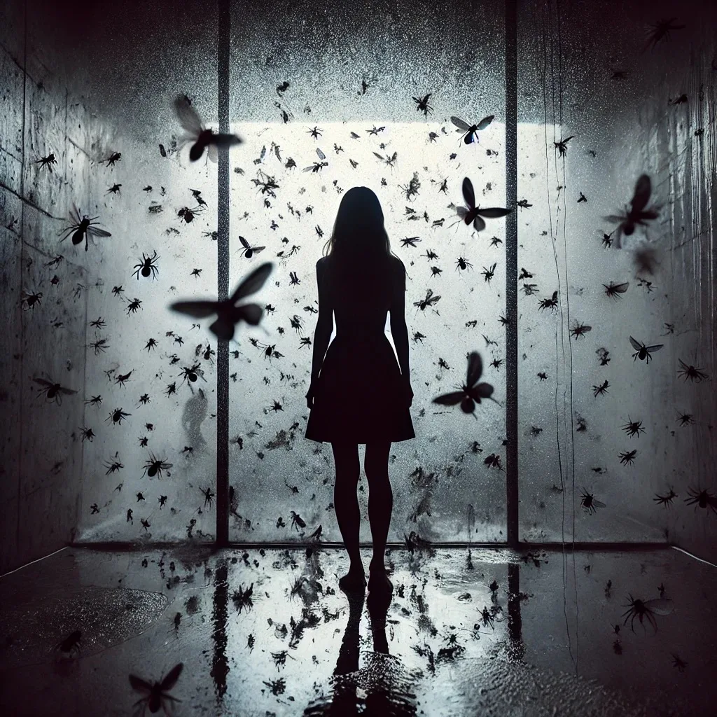 Frau, um die herum Insekten schwirren vor einem Fenster mit Regen (KI-Kunst)